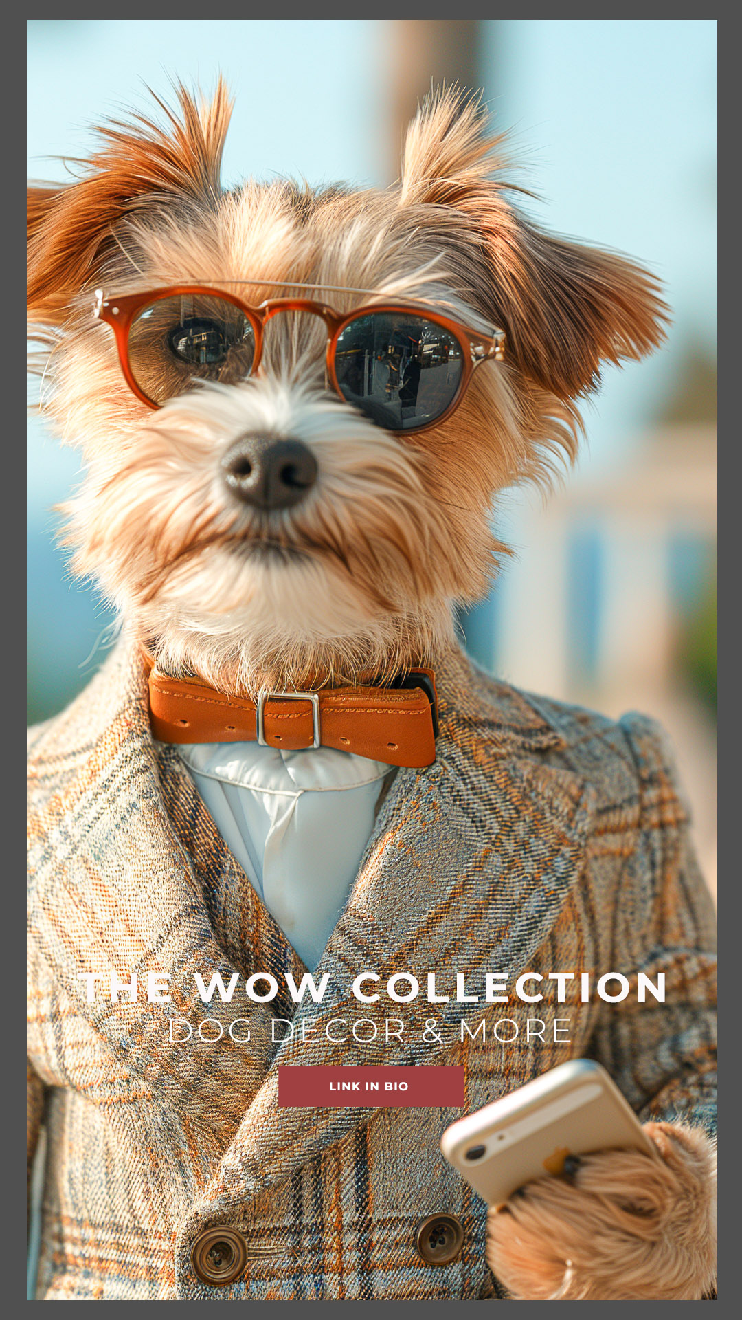 A Jack Russell terrier in suit and tie and expensive sunglasses relaxes by the pool of his Los Angeles villa.