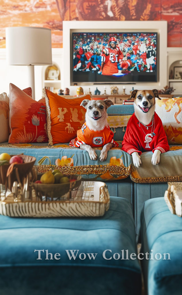 Poster of 2 dogs on the sofa watching Super Bowl LVIII. One dog is wearing Kansas City Chiefs jersey, the other is wearing San Fransisco 49ers jersey. 